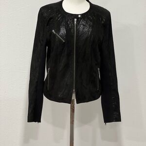 Vintage Halogen Black Leather Moto Jacket Sleek Fitted Design